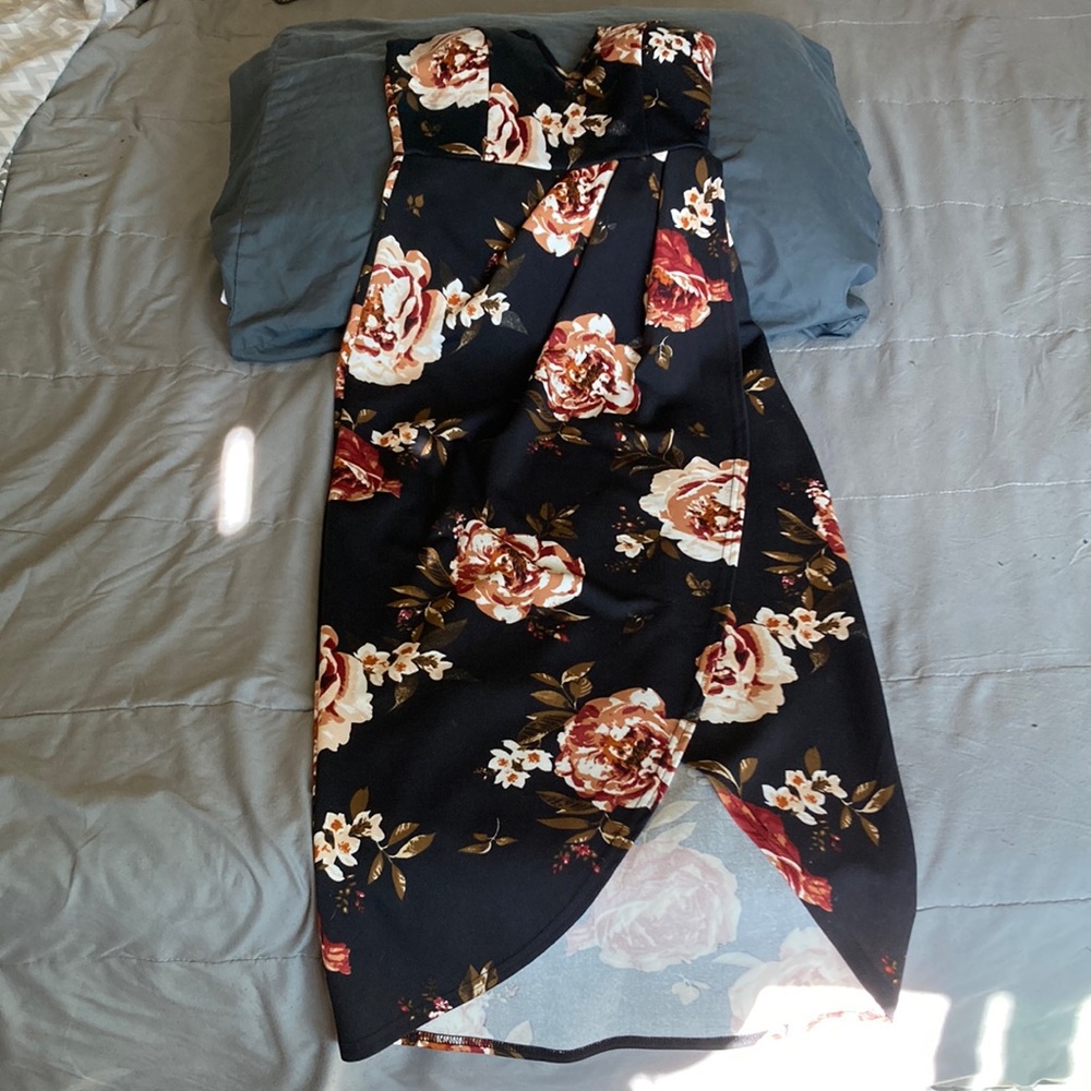 Black Floral Strapless Dress